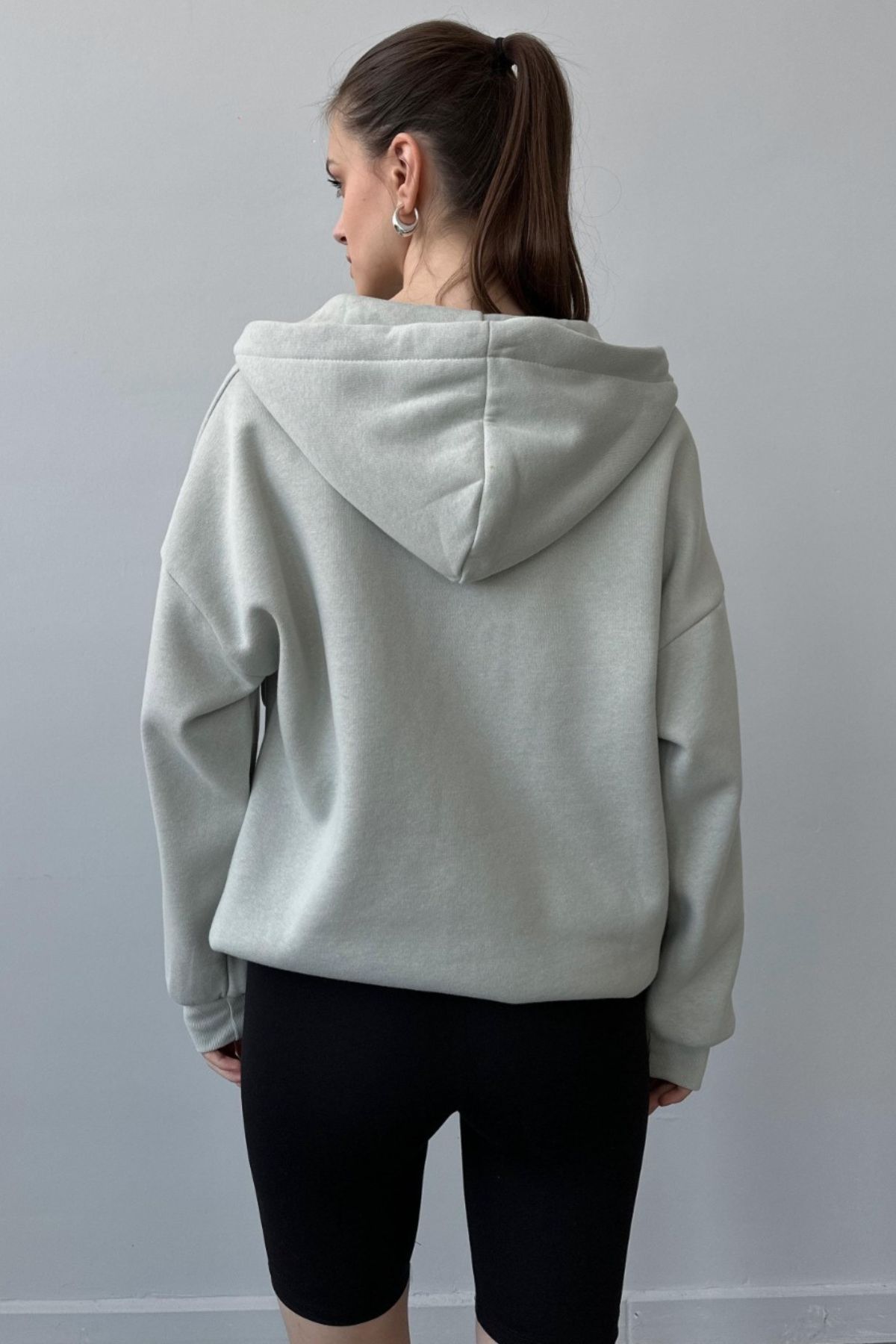 Kadın Üç İplik Şardonlu Oversize Kapüşonlu Gri Sweatshirt